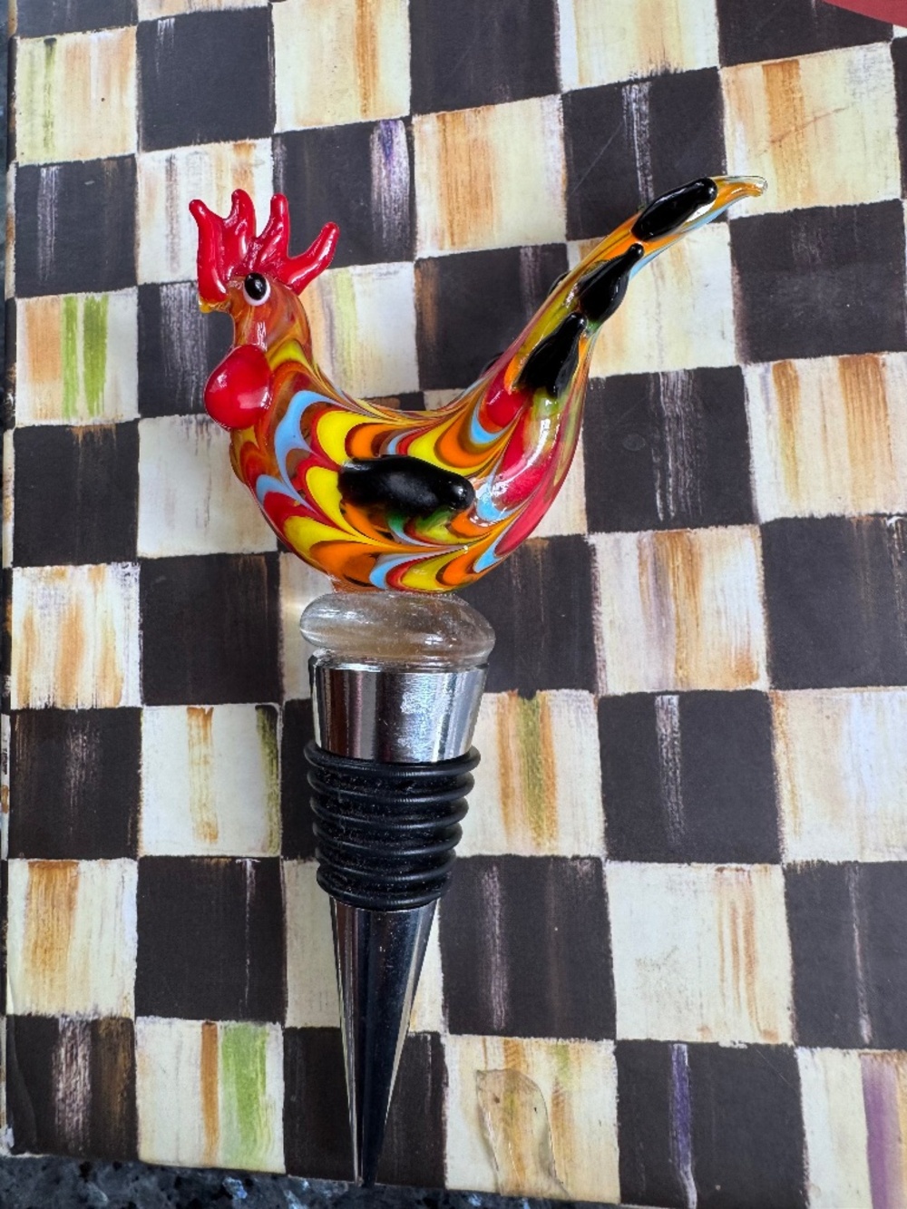 Murano Glass Rooster Bottle Stopper Hand Blown Art Glass Barware Wine Cork